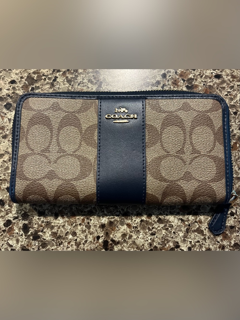 Coach Brown Monogram Wallet with Navy Leather Stripe and Gold Logo